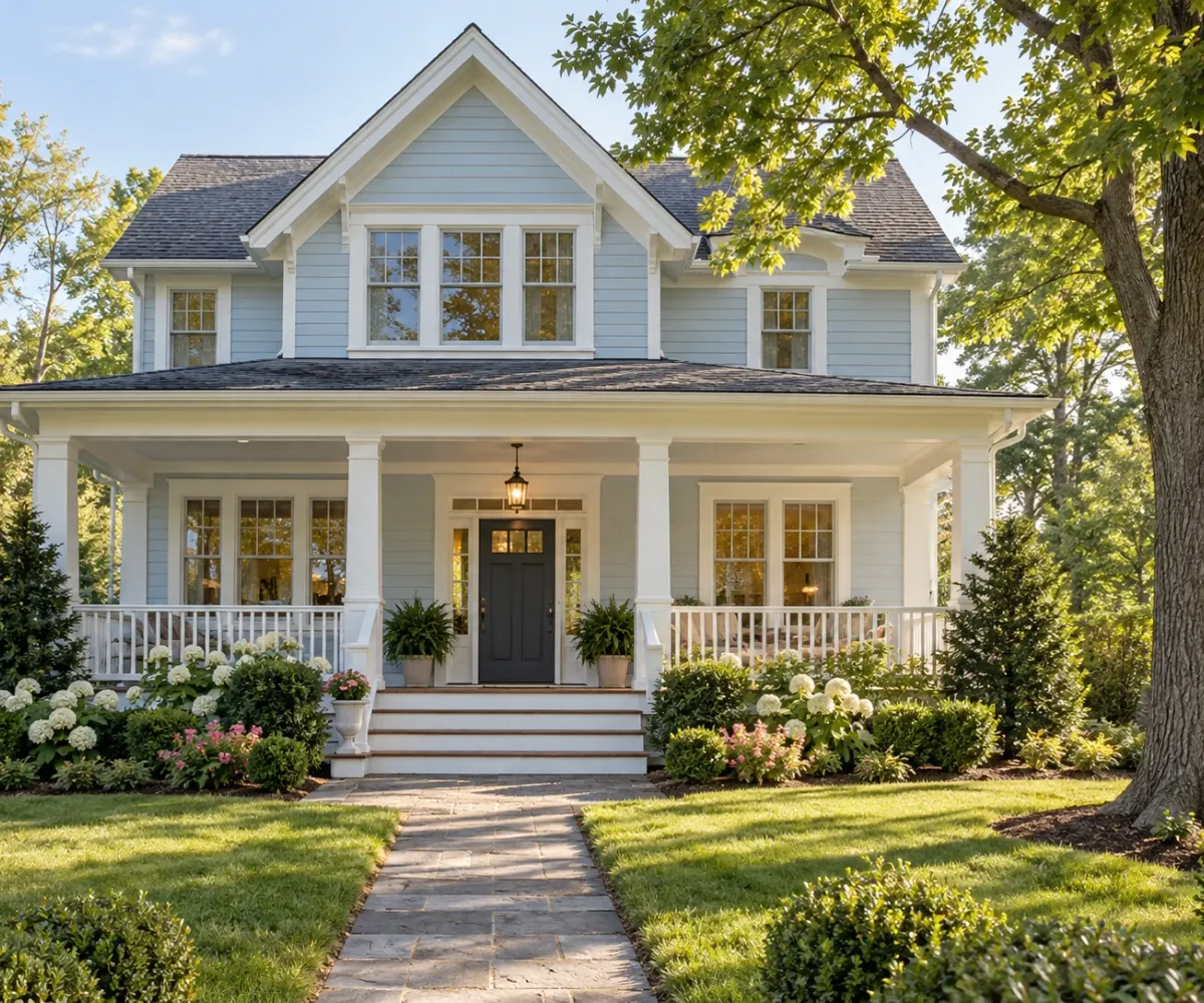 A welcoming suburban home with a covered porch and garden